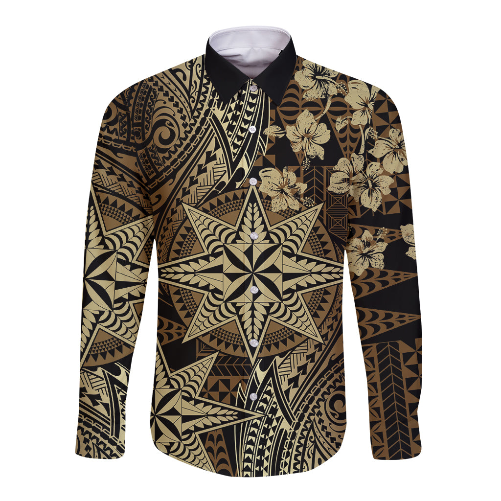 Vintage Tonga Tribal Ngatu Pattern Long Sleeve Button Shirt With Pacific Floral Brown Art LT9 Unisex Brown - Polynesian Pride