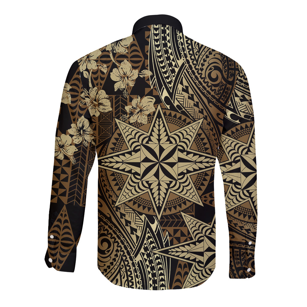 Vintage Tonga Tribal Ngatu Pattern Long Sleeve Button Shirt With Pacific Floral Brown Art LT9 - Polynesian Pride