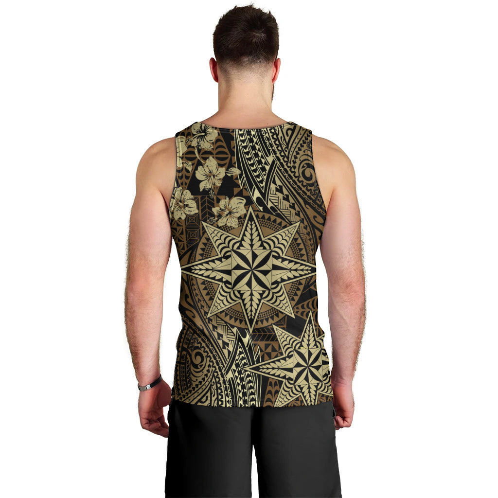 Vintage Tonga Tribal Ngatu Pattern Men Tank Top With Pacific Floral Brown Art LT9 - Polynesian Pride
