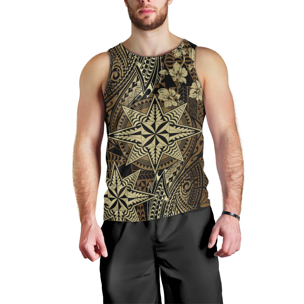 Vintage Tonga Tribal Ngatu Pattern Men Tank Top With Pacific Floral Brown Art LT9 - Polynesian Pride