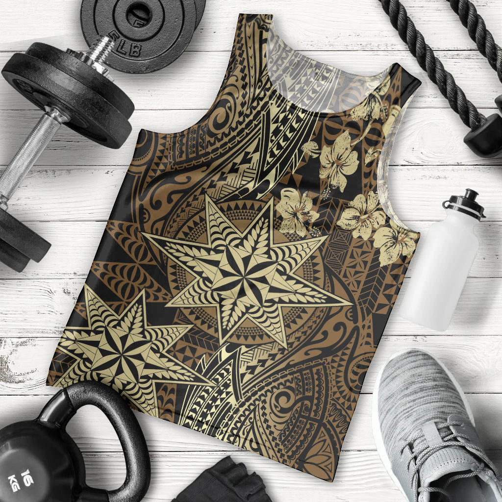 Vintage Tonga Tribal Ngatu Pattern Men Tank Top With Pacific Floral Brown Art LT9 - Polynesian Pride