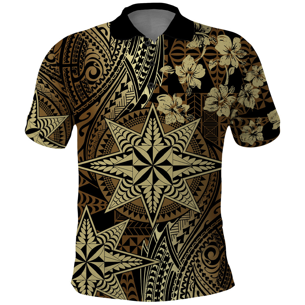 Vintage Tonga Tribal Ngatu Pattern Polo Shirt With Pacific Floral Brown Art