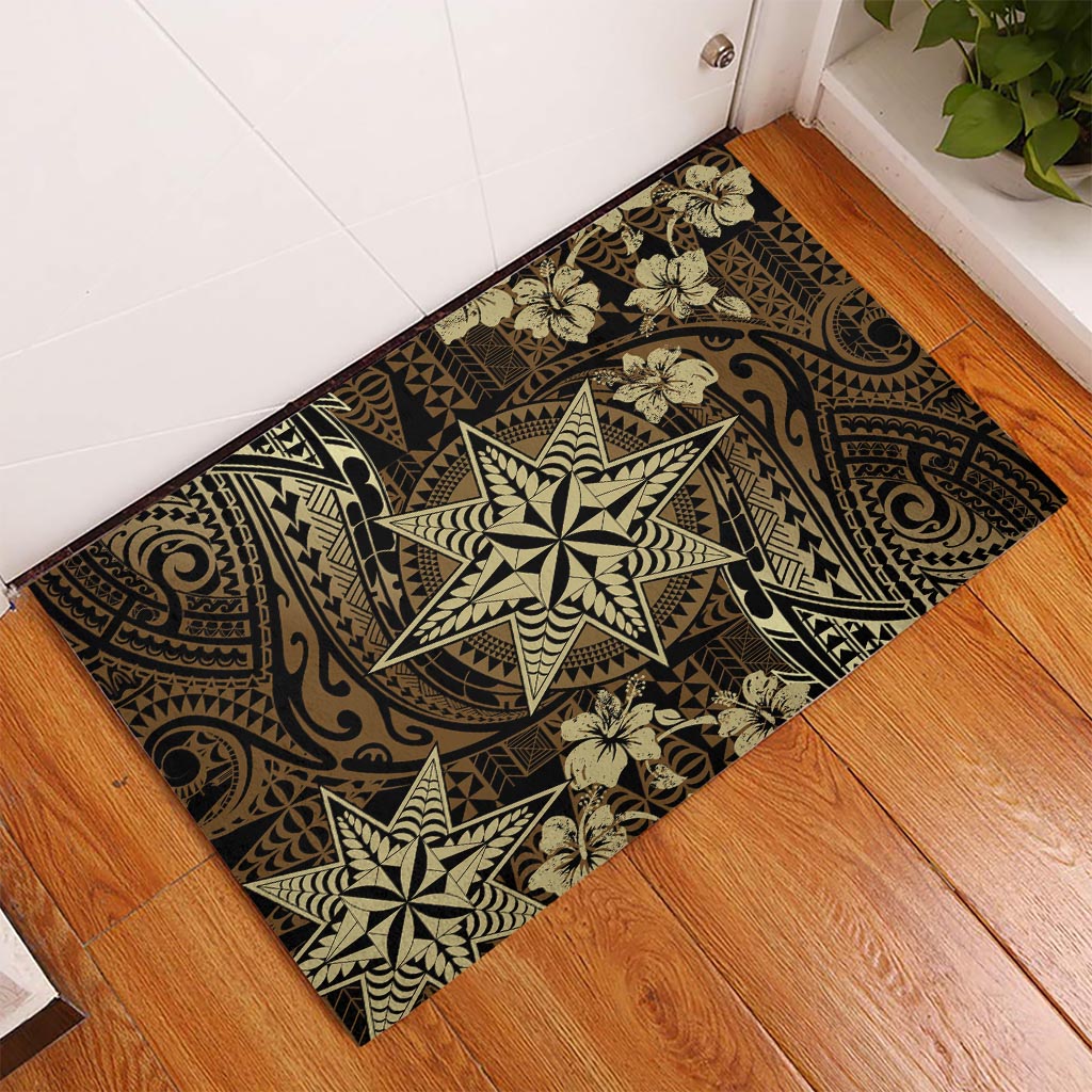 Vintage Tonga Tribal Ngatu Pattern Rubber Doormat With Pacific Floral Brown Art