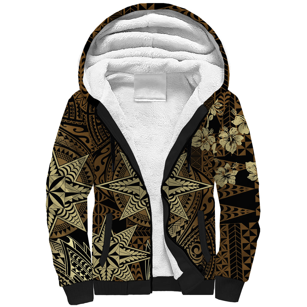 Vintage Tonga Tribal Ngatu Pattern Sherpa Hoodie With Pacific Floral Brown Art LT9 Unisex Brown - Polynesian Pride