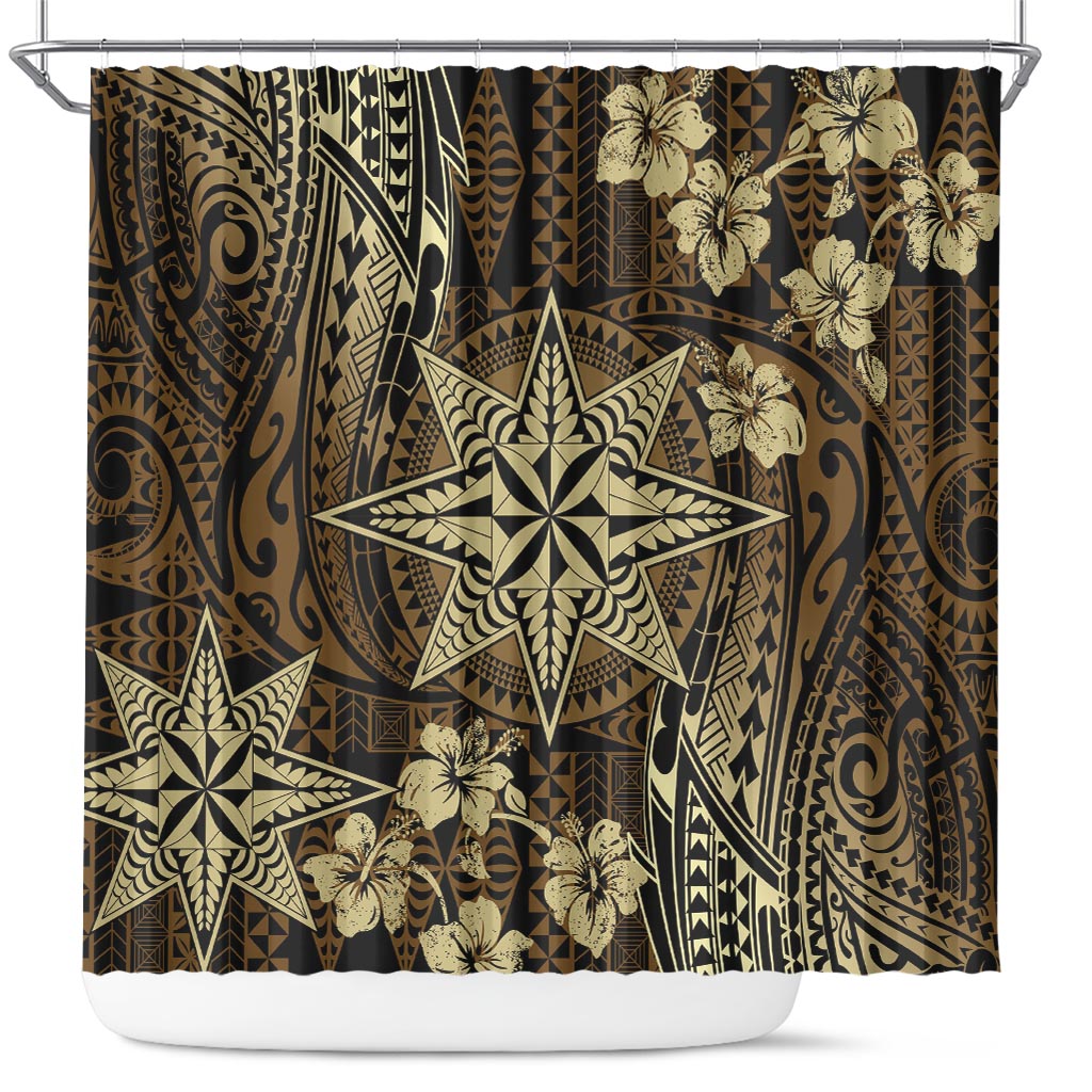 Vintage Tonga Tribal Ngatu Pattern Shower Curtain With Pacific Floral Brown Art