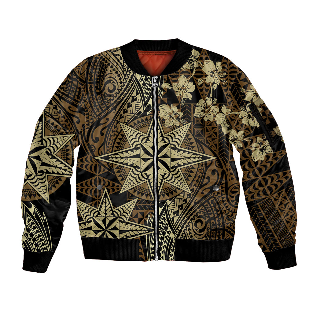 Vintage Tonga Tribal Ngatu Pattern Sleeve Zip Bomber Jacket With Pacific Floral Brown Art