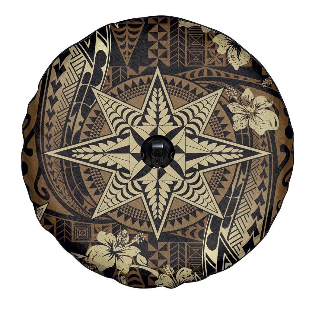 Vintage Tonga Tribal Ngatu Pattern Spare Tire Cover With Pacific Floral Brown Art LT9 - Polynesian Pride