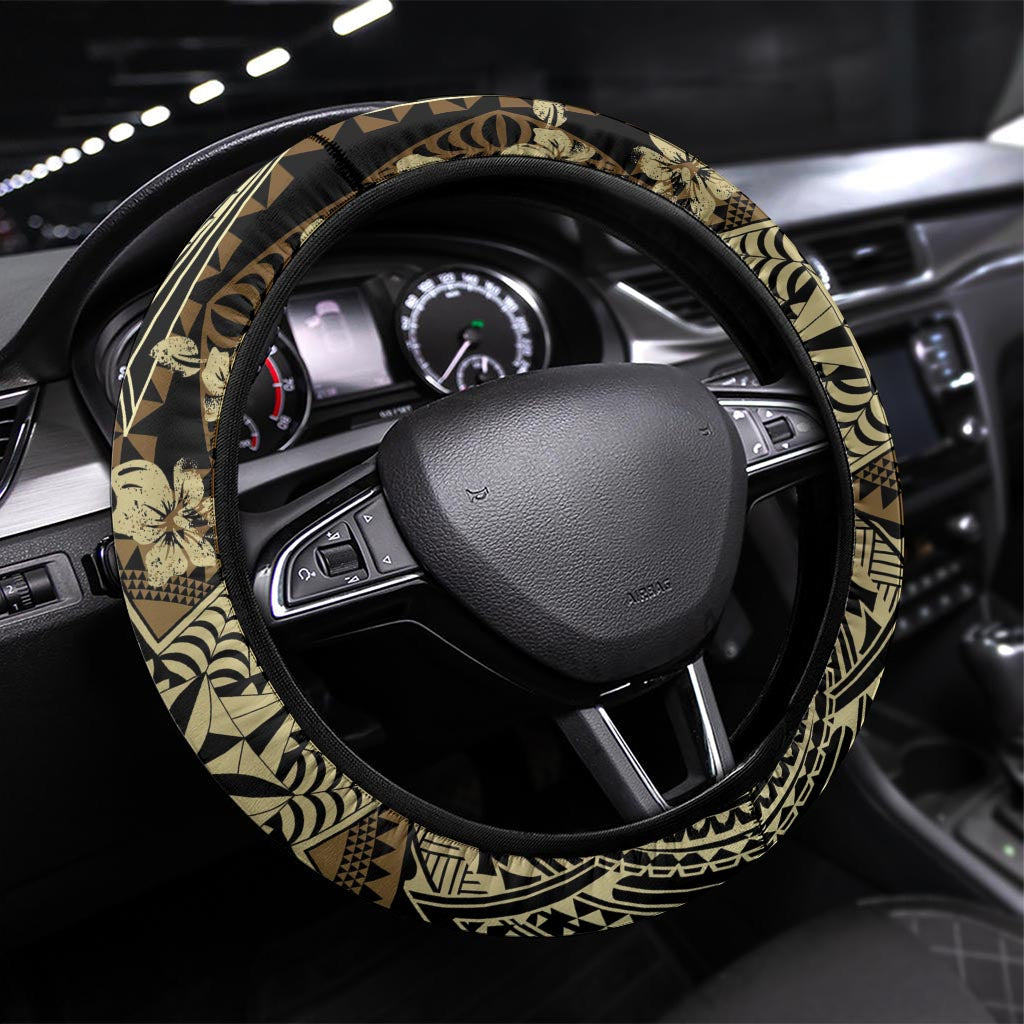Vintage Tonga Tribal Ngatu Pattern Steering Wheel Cover With Pacific Floral Brown Art LT9 Universal Fit Brown - Polynesian Pride