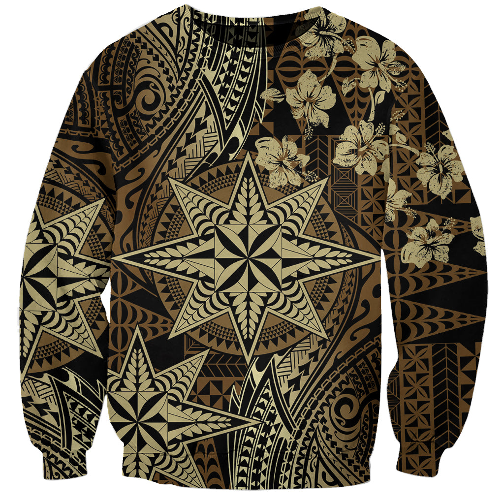 Vintage Tonga Tribal Ngatu Pattern Sweatshirt With Pacific Floral Brown Art LT9 Unisex Brown - Polynesian Pride