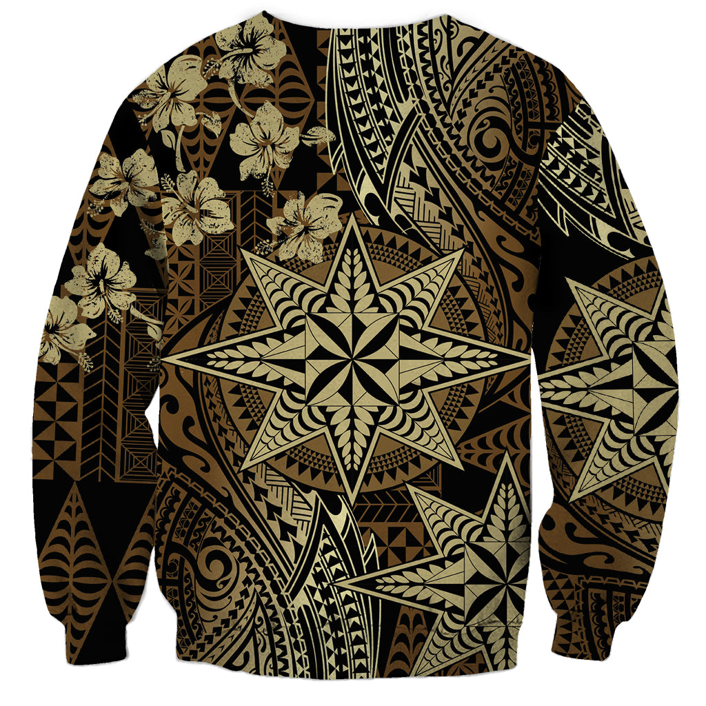 Vintage Tonga Tribal Ngatu Pattern Sweatshirt With Pacific Floral Brown Art LT9 - Polynesian Pride