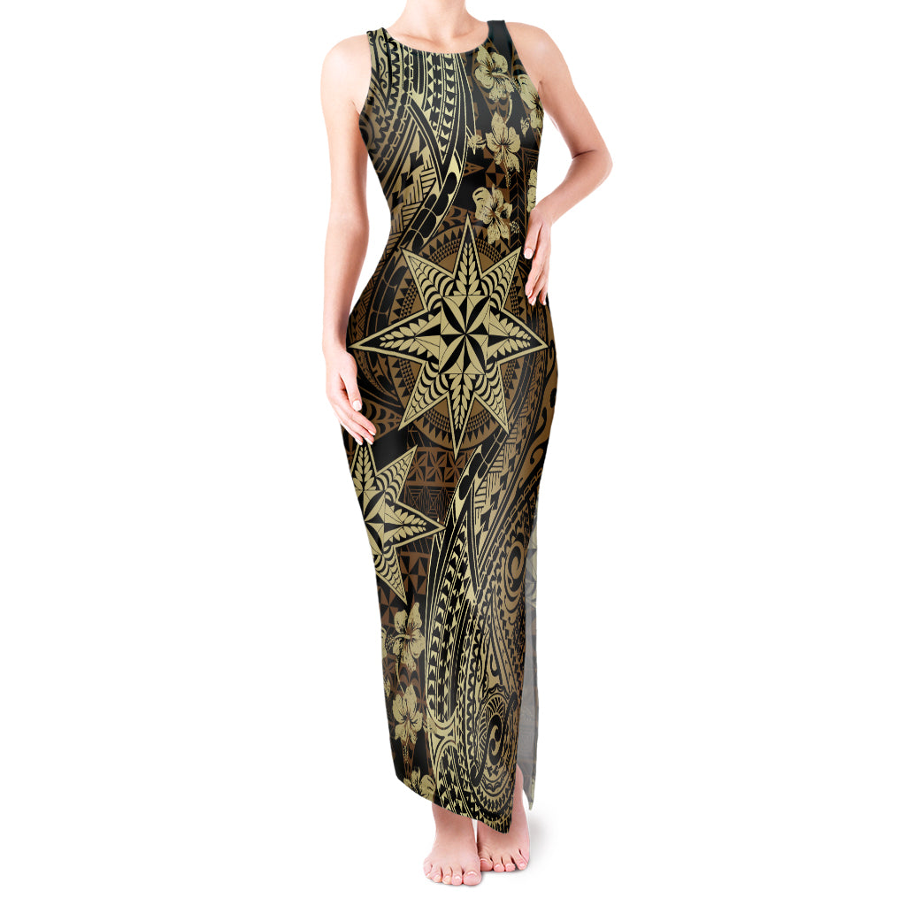 Vintage Tonga Tribal Ngatu Pattern Tank Maxi Dress With Pacific Floral Brown Art LT9 Women Brown - Polynesian Pride