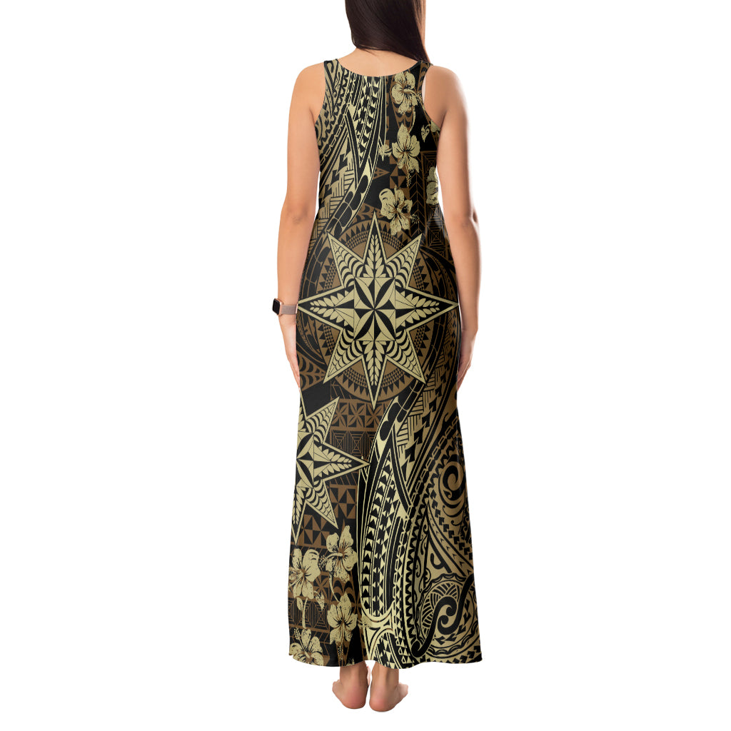 Vintage Tonga Tribal Ngatu Pattern Tank Maxi Dress With Pacific Floral Brown Art LT9 - Polynesian Pride