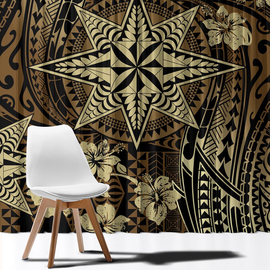 Vintage Tonga Tribal Ngatu Pattern Window Curtain With Pacific Floral Brown Art LT9 - Polynesian Pride