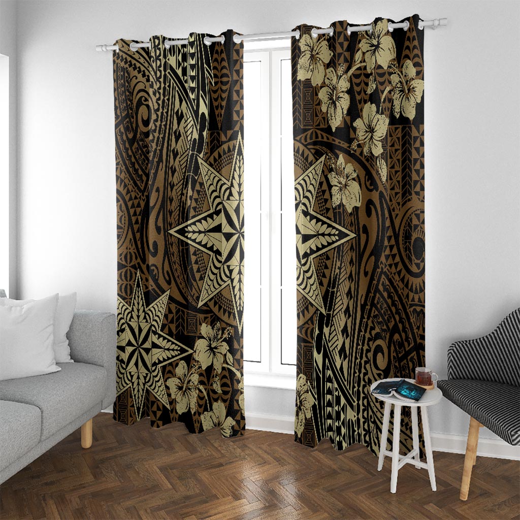 Vintage Tonga Tribal Ngatu Pattern Window Curtain With Pacific Floral Brown Art LT9 With Grommets Brown - Polynesian Pride