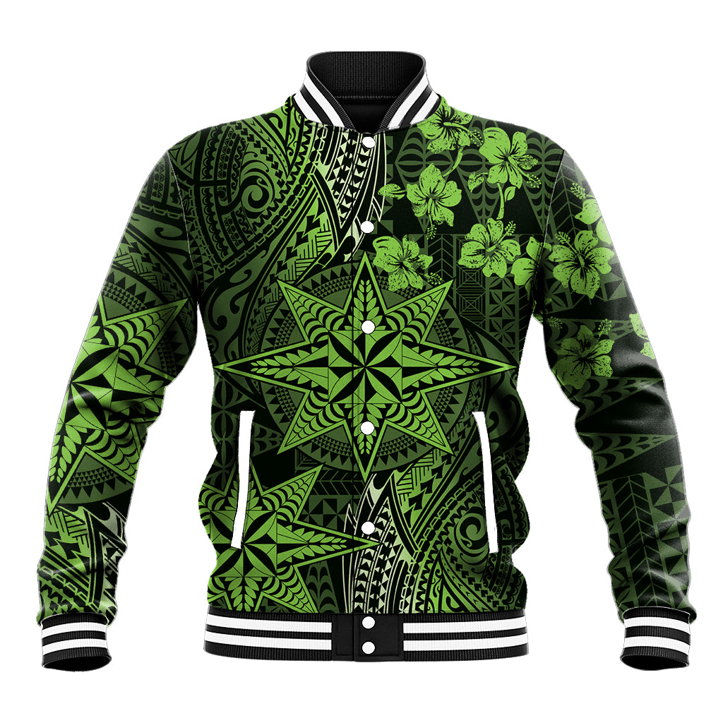 Vintage Tonga Tribal Ngatu Pattern Baseball Jacket With Pacific Floral Lime Green Art