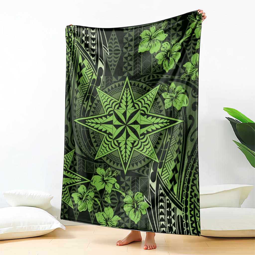 Vintage Tonga Tribal Ngatu Pattern Blanket With Pacific Floral Lime Green Art LT9 - Polynesian Pride