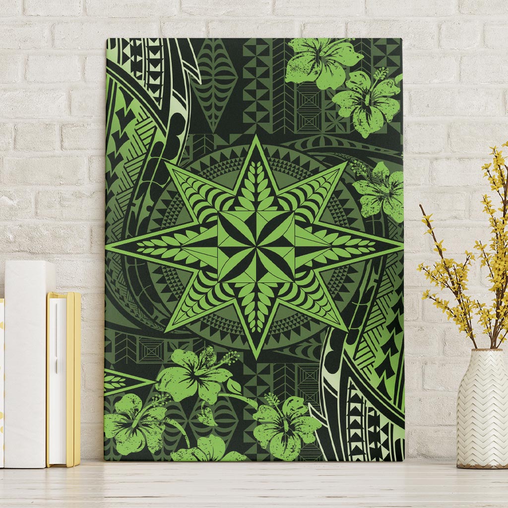 Vintage Tonga Tribal Ngatu Pattern Canvas Wall Art With Pacific Floral Lime Green Art