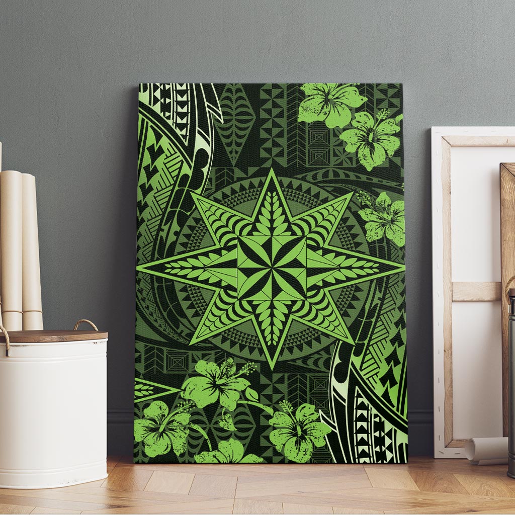 Vintage Tonga Tribal Ngatu Pattern Canvas Wall Art With Pacific Floral Lime Green Art LT9 - Polynesian Pride