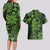 Vintage Tonga Tribal Ngatu Pattern Couples Matching Long Sleeve Bodycon Dress and Hawaiian Shirt With Pacific Floral Lime Green Art