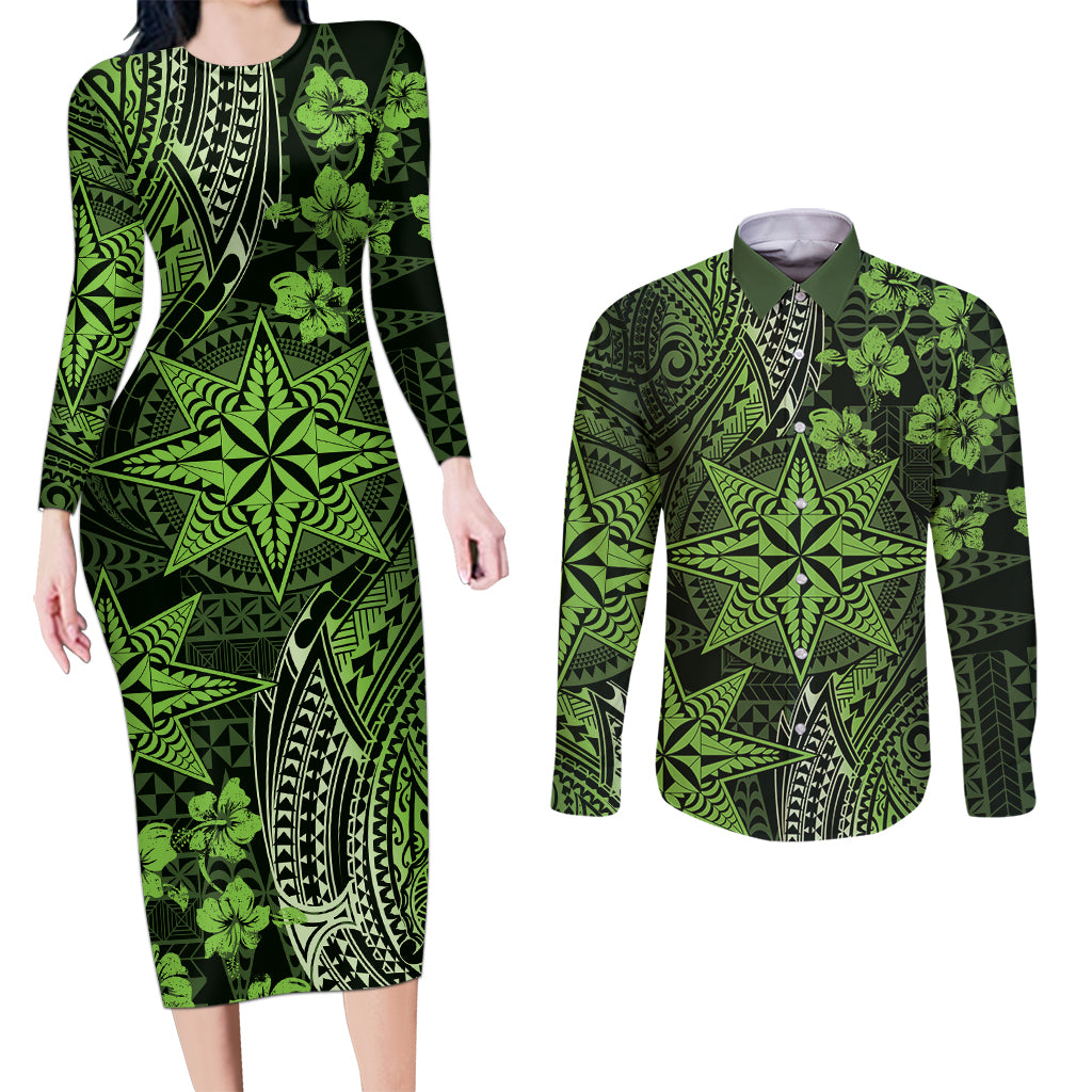 Vintage Tonga Tribal Ngatu Pattern Couples Matching Long Sleeve Bodycon Dress and Long Sleeve Button Shirt With Pacific Floral Lime Green Art