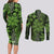 Vintage Tonga Tribal Ngatu Pattern Couples Matching Long Sleeve Bodycon Dress and Long Sleeve Button Shirt With Pacific Floral Lime Green Art