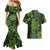 Vintage Tonga Tribal Ngatu Pattern Couples Matching Mermaid Dress and Hawaiian Shirt With Pacific Floral Lime Green Art