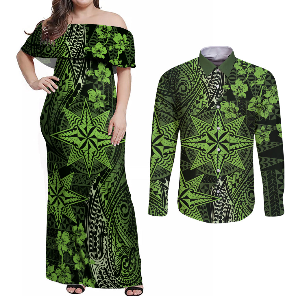 Vintage Tonga Tribal Ngatu Pattern Couples Matching Off Shoulder Maxi Dress and Long Sleeve Button Shirt With Pacific Floral Lime Green Art