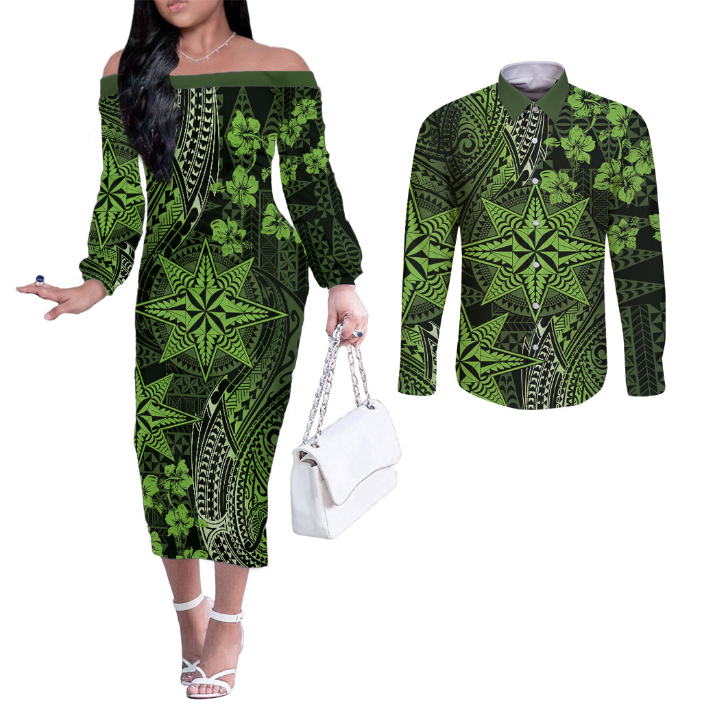 Vintage Tonga Tribal Ngatu Pattern Couples Matching Off The Shoulder Long Sleeve Dress and Long Sleeve Button Shirt With Pacific Floral Lime Green Art LT9 Lime Green - Polynesian Pride