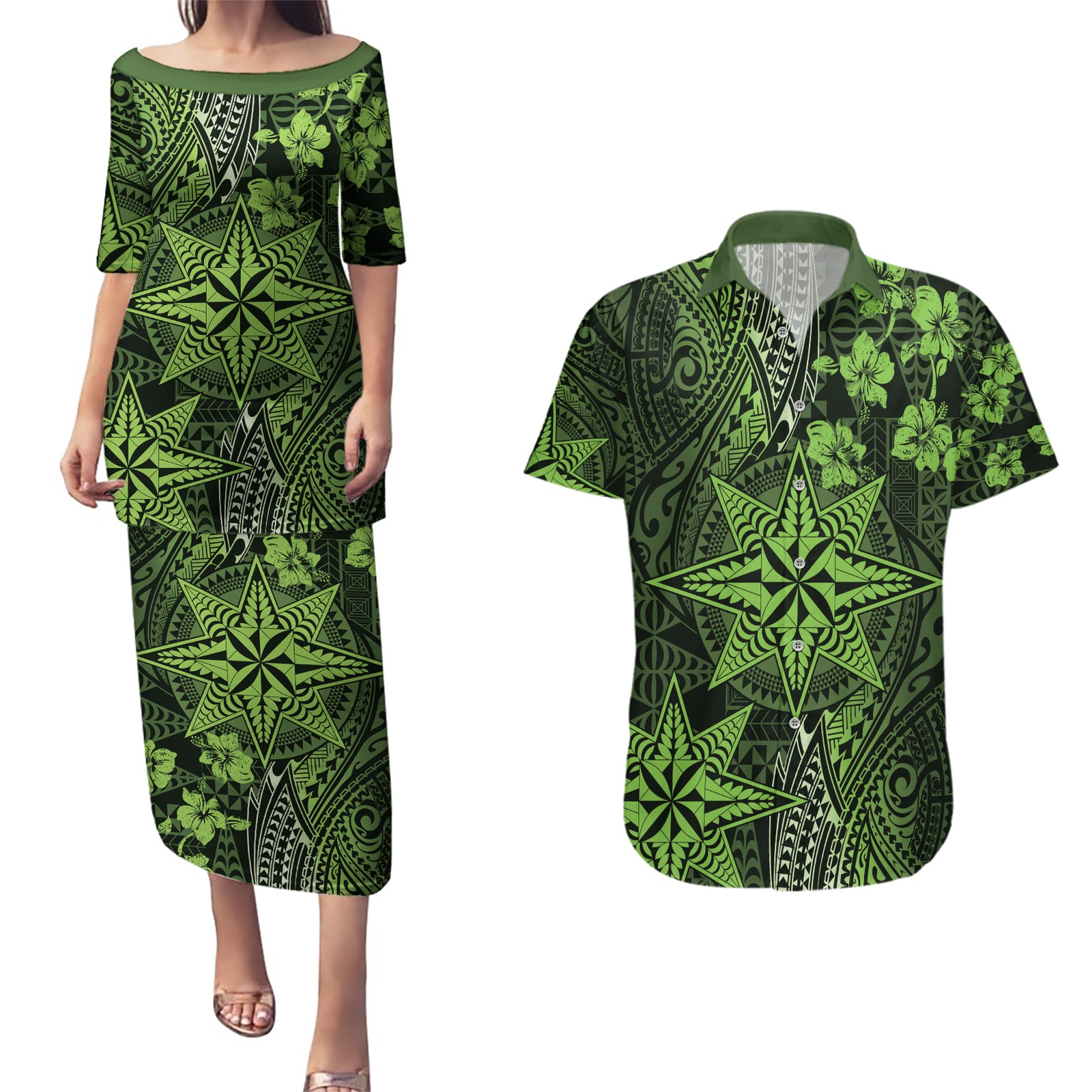 Vintage Tonga Tribal Ngatu Pattern Couples Matching Puletasi and Hawaiian Shirt With Pacific Floral Lime Green Art LT9 Lime Green - Polynesian Pride