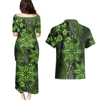 Vintage Tonga Tribal Ngatu Pattern Couples Matching Puletasi and Hawaiian Shirt With Pacific Floral Lime Green Art LT9 - Polynesian Pride