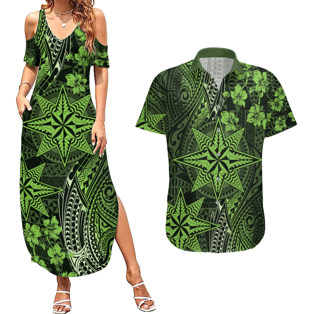 Vintage Tonga Tribal Ngatu Pattern Couples Matching Summer Maxi Dress and Hawaiian Shirt With Pacific Floral Lime Green Art