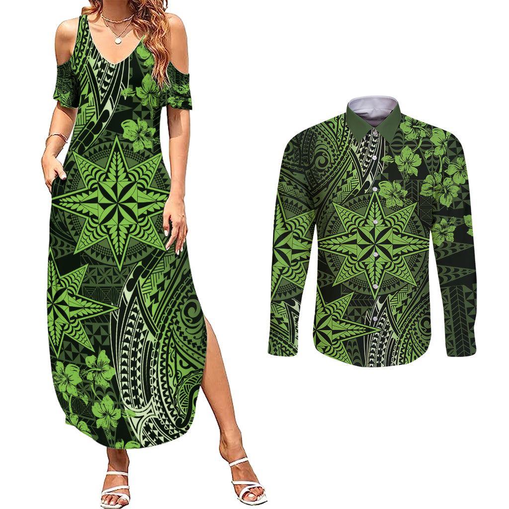 Vintage Tonga Tribal Ngatu Pattern Couples Matching Summer Maxi Dress and Long Sleeve Button Shirt With Pacific Floral Lime Green Art