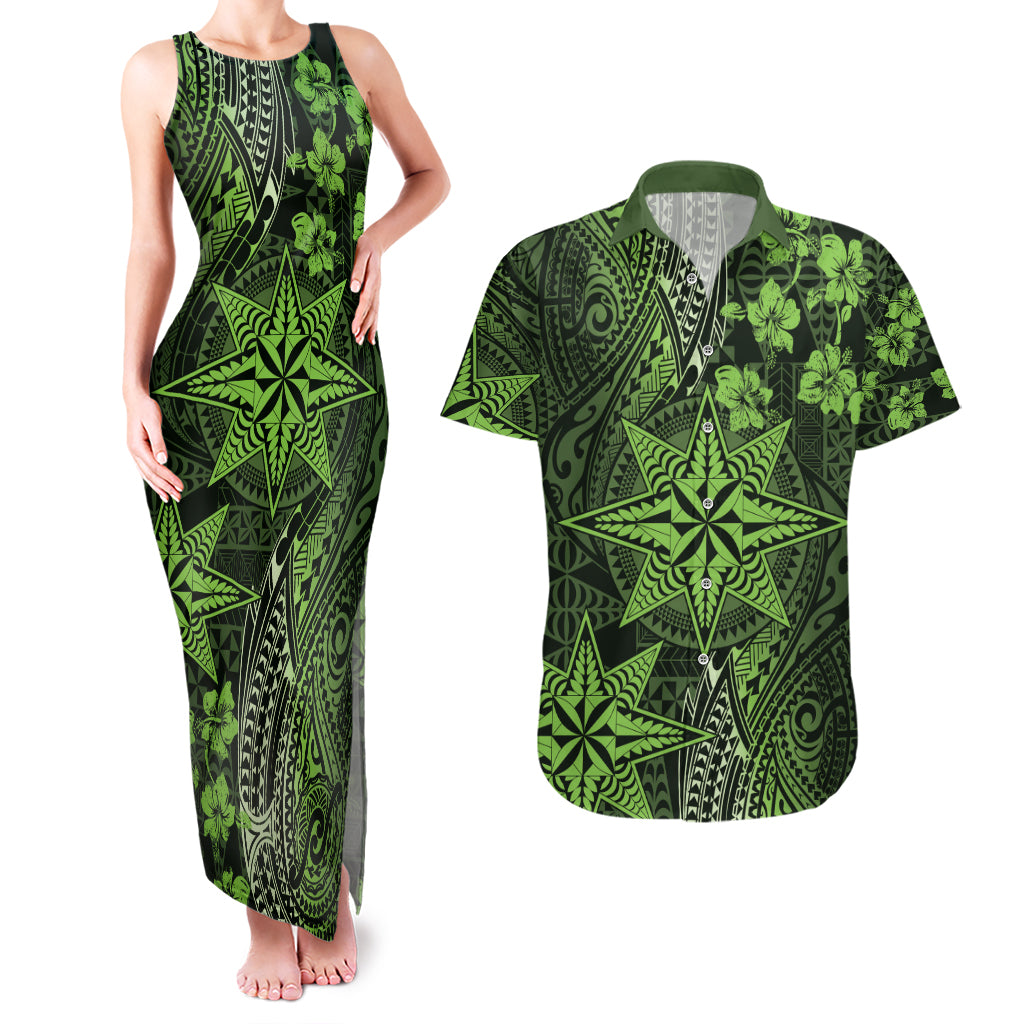 Vintage Tonga Tribal Ngatu Pattern Couples Matching Tank Maxi Dress and Hawaiian Shirt With Pacific Floral Lime Green Art