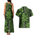 Vintage Tonga Tribal Ngatu Pattern Couples Matching Tank Maxi Dress and Hawaiian Shirt With Pacific Floral Lime Green Art