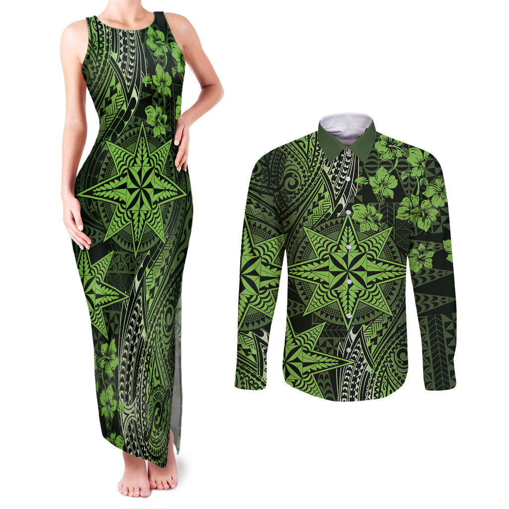 Vintage Tonga Tribal Ngatu Pattern Couples Matching Tank Maxi Dress and Long Sleeve Button Shirt With Pacific Floral Lime Green Art