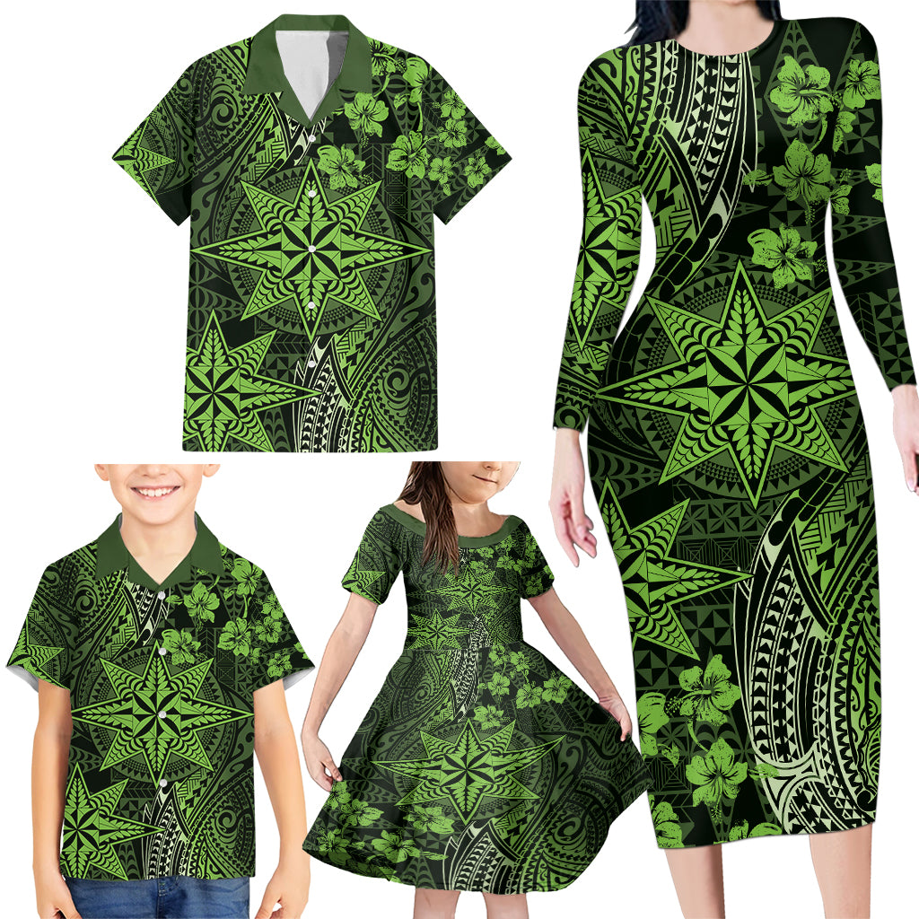 Vintage Tonga Tribal Ngatu Pattern Family Matching Long Sleeve Bodycon Dress and Hawaiian Shirt With Pacific Floral Lime Green Art