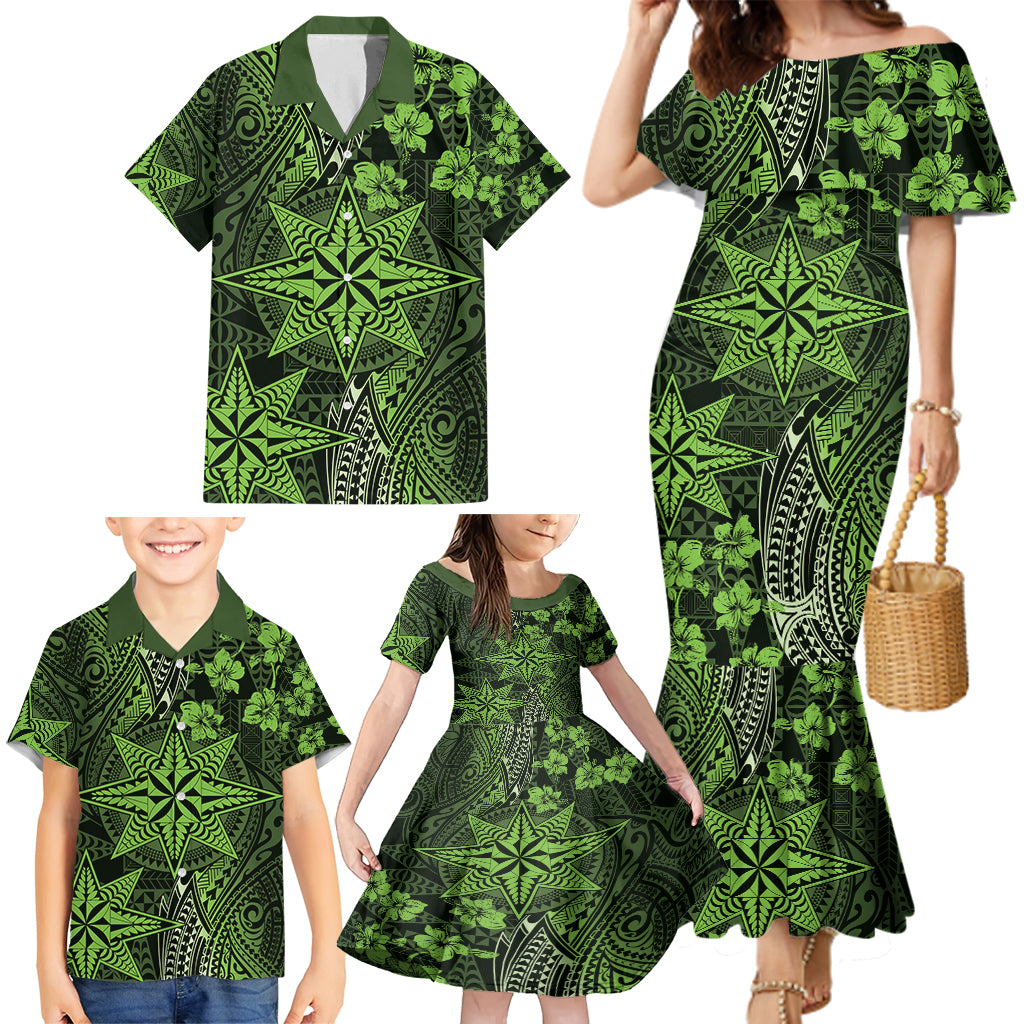 Vintage Tonga Tribal Ngatu Pattern Family Matching Mermaid Dress and Hawaiian Shirt With Pacific Floral Lime Green Art