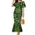 Vintage Tonga Tribal Ngatu Pattern Family Matching Mermaid Dress and Hawaiian Shirt With Pacific Floral Lime Green Art