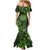 Vintage Tonga Tribal Ngatu Pattern Family Matching Mermaid Dress and Hawaiian Shirt With Pacific Floral Lime Green Art