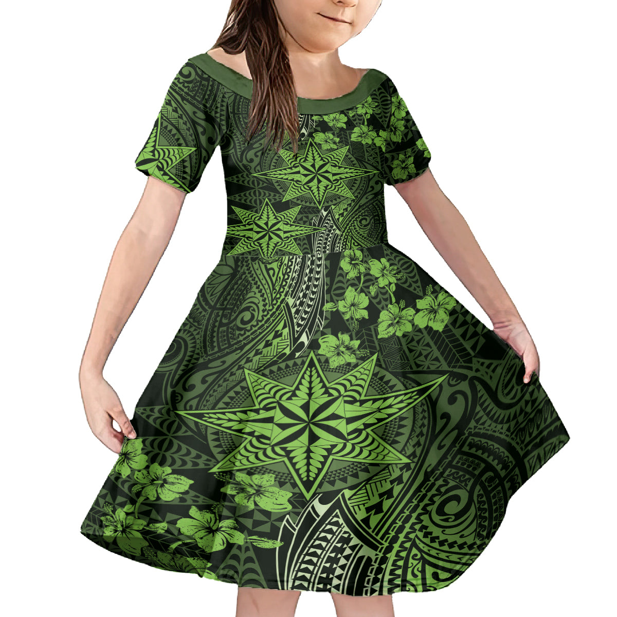 Vintage Tonga Tribal Ngatu Pattern Family Matching Off The Shoulder Long Sleeve Dress and Hawaiian Shirt With Pacific Floral Lime Green Art LT9 Daughter's Dress Lime Green - Polynesian Pride