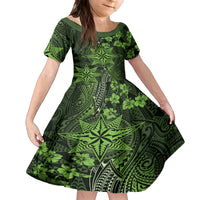 Vintage Tonga Tribal Ngatu Pattern Family Matching Off The Shoulder Long Sleeve Dress and Hawaiian Shirt With Pacific Floral Lime Green Art LT9 Daughter's Dress Lime Green - Polynesian Pride