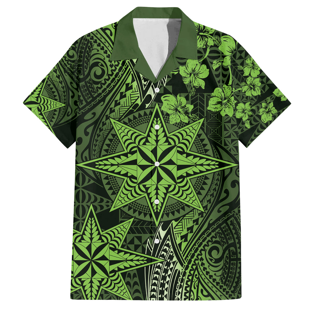 Vintage Tonga Tribal Ngatu Pattern Family Matching Off The Shoulder Long Sleeve Dress and Hawaiian Shirt With Pacific Floral Lime Green Art LT9 Dad's Shirt - Short Sleeve Lime Green - Polynesian Pride