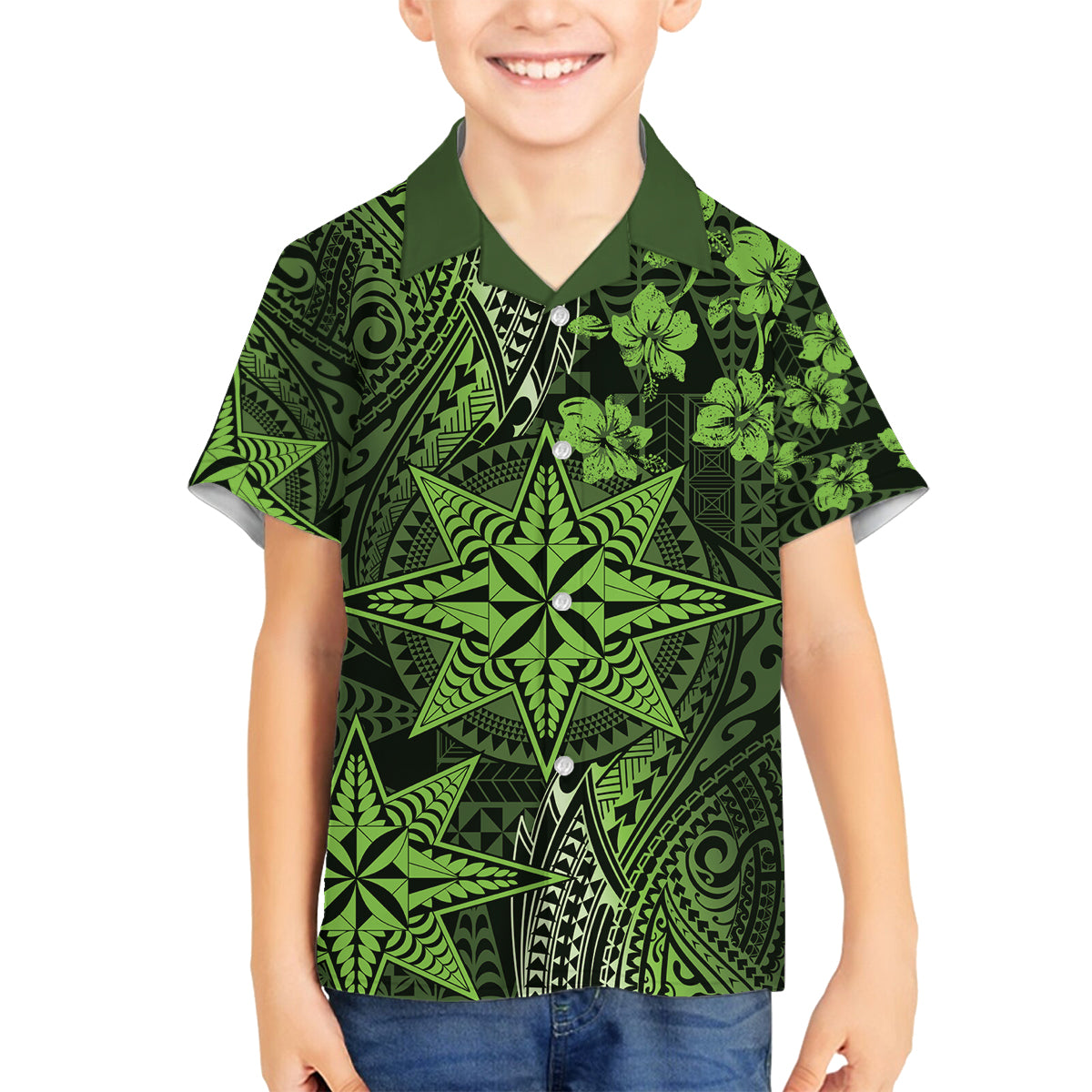 Vintage Tonga Tribal Ngatu Pattern Family Matching Off The Shoulder Long Sleeve Dress and Hawaiian Shirt With Pacific Floral Lime Green Art LT9 Son's Shirt Lime Green - Polynesian Pride