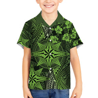 Vintage Tonga Tribal Ngatu Pattern Family Matching Off The Shoulder Long Sleeve Dress and Hawaiian Shirt With Pacific Floral Lime Green Art LT9 Son's Shirt Lime Green - Polynesian Pride