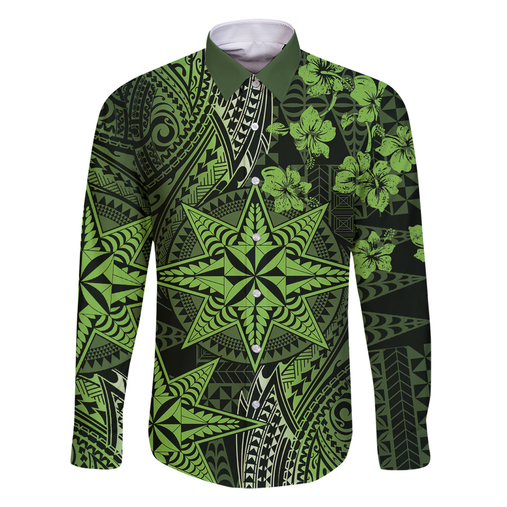 Vintage Tonga Tribal Ngatu Pattern Family Matching Off Shoulder Short Dress and Hawaiian Shirt With Pacific Floral Lime Green Art