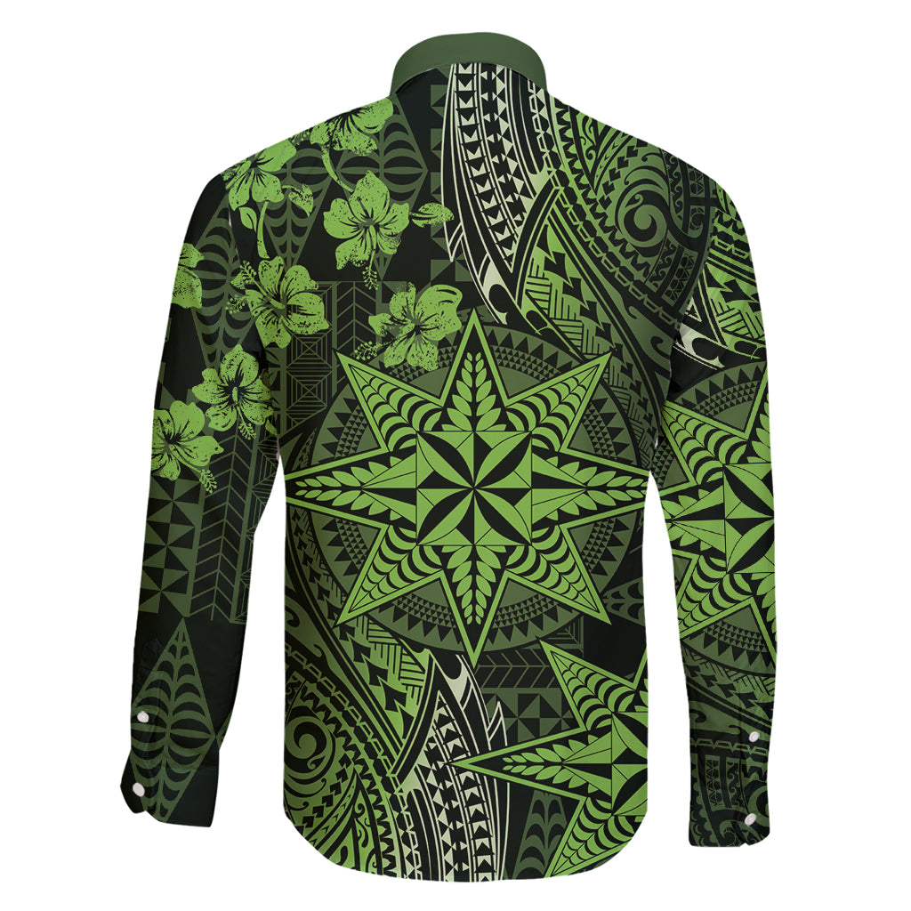 Vintage Tonga Tribal Ngatu Pattern Family Matching Off Shoulder Short Dress and Hawaiian Shirt With Pacific Floral Lime Green Art