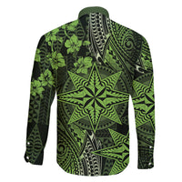 Vintage Tonga Tribal Ngatu Pattern Family Matching Off Shoulder Short Dress and Hawaiian Shirt With Pacific Floral Lime Green Art