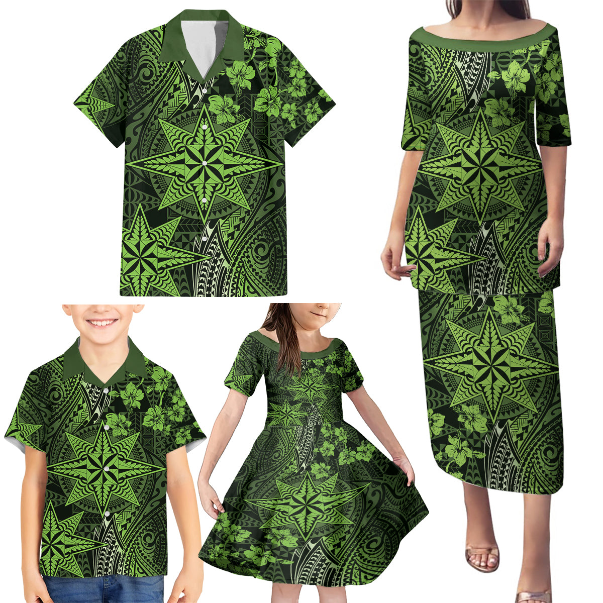 Vintage Tonga Tribal Ngatu Pattern Family Matching Puletasi and Hawaiian Shirt With Pacific Floral Lime Green Art