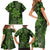 Vintage Tonga Tribal Ngatu Pattern Family Matching Short Sleeve Bodycon Dress and Hawaiian Shirt With Pacific Floral Lime Green Art