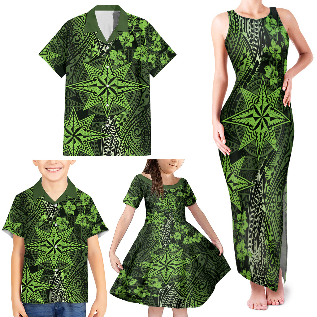 Vintage Tonga Tribal Ngatu Pattern Family Matching Tank Maxi Dress and Hawaiian Shirt With Pacific Floral Lime Green Art LT9 - Polynesian Pride